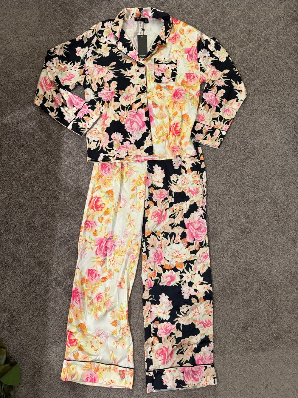 Floral Two-Tone Pink Black Satin Pajama Set